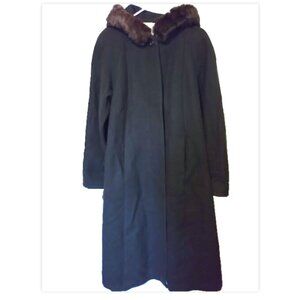Vintage Long Black Wool Coat w/Rabbit Fur Trim Hood 8 Quiet Luxury Old Money